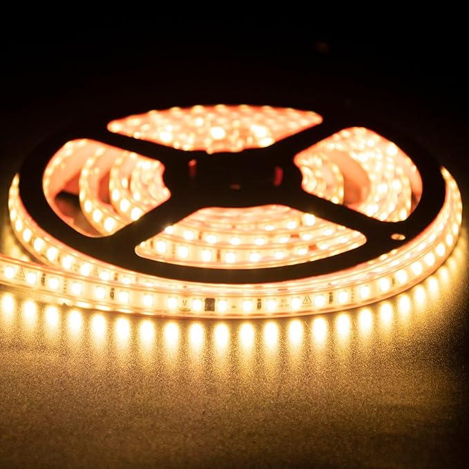 Outdoor LED Strip Lights Waterproof 16.4 Feet AC 110V 120V Adhesive 120 LEDs/M Tape Lighting 5M Rope Light Warm White 3000K with US Plug for Outdoor Indoor(Warm White, 16.4ft)