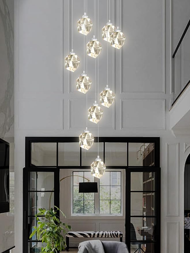 Long Crystal Chandelier Silver 10-Light Spiral Stair Chandeliers for High Ceilings Foyer Entryway Flush Mount Ceiling Lights LED Dimmbale 3000-6000K