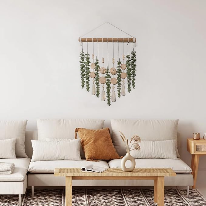 Boho Bathroom Decor Artificial Eucalyptus Hanging Wall Decor Fake Greenery Leaves Plants Wicker Ball on 16.5 inch Stick Rustic Farmhouse Natural Bedroom Kitchen Nursery Office Decorations