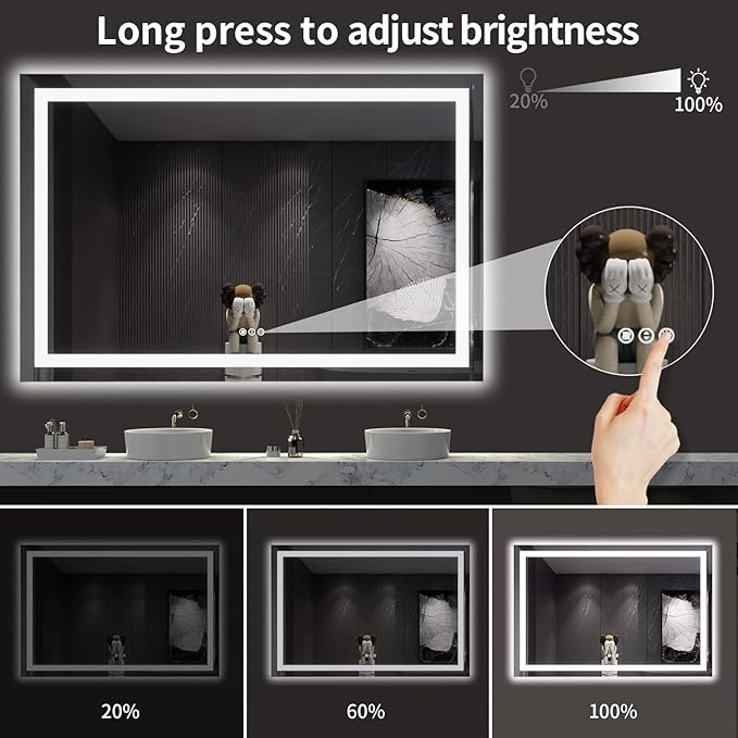 LOAAO 60X40 LED Bathroom Mirror with Lights, Anti-Fog, Dimmable, Backlit + Front Lit, Lighted Bathroom Vanity Mirror for Wall, Memory Function, Tempered Glass, ETL Listed