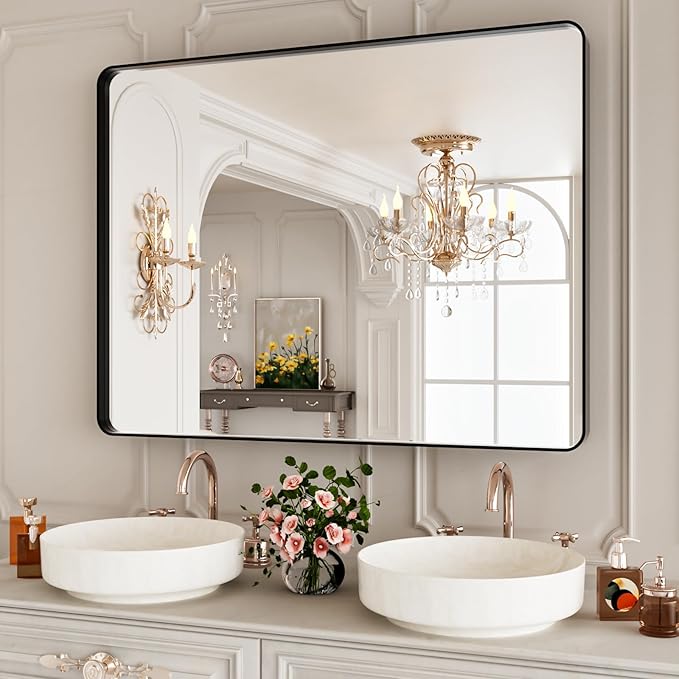 40x30 Inch Black Metal Framed Bathrrom Mirror for Wall,Matte Black Rectabgle Vanity Mirror,Tempered Glass,Anti-Rust,Rounded Corner,Horizontal or Vertical
