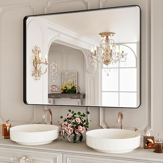 40x30 Inch Black Metal Framed Bathrrom Mirror for Wall,Matte Black Rectabgle Vanity Mirror,Tempered Glass,Anti-Rust,Rounded Corner,Horizontal or Vertical