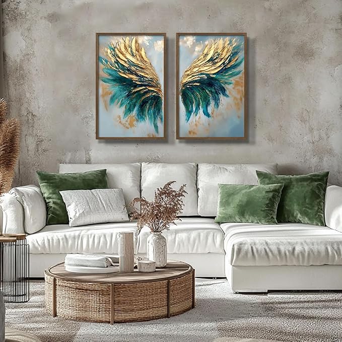 2pcs Wood Framed Green Abstract Canvas Wall Art - Abstract Angel Wings Artwork - Modern Gold Blue Wings Prints Posters - Living Room Bedroom Decorative Paintings Gallery Style Wall Hanging Pictures