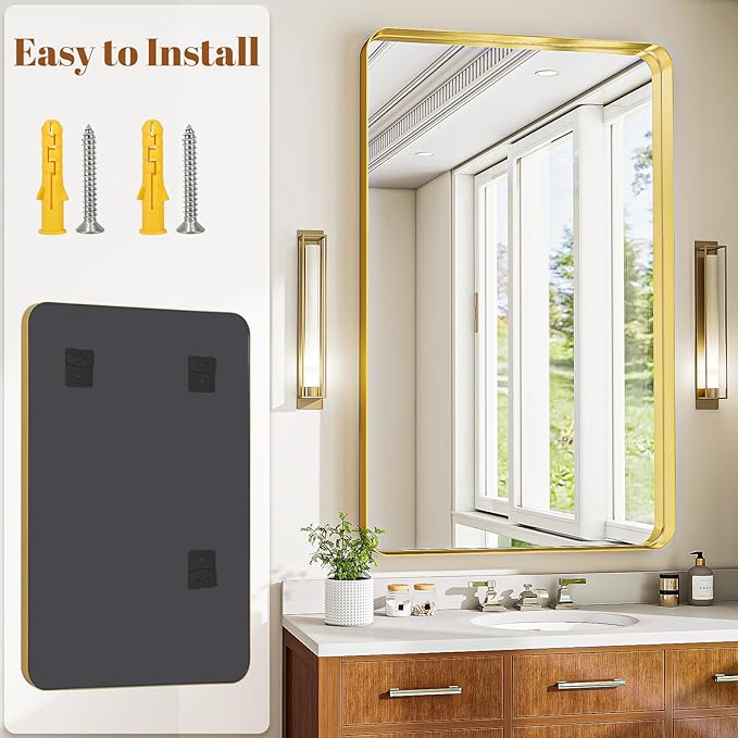 Bathroom Mirror Vanity for Over Sink Wall Mirror - 30x48 Inch Rounded Corner Rectangle Aluminum Frame Mirror,Hangs Horizontally or Vertically for Living Room Bedroom or Entryway Gold
