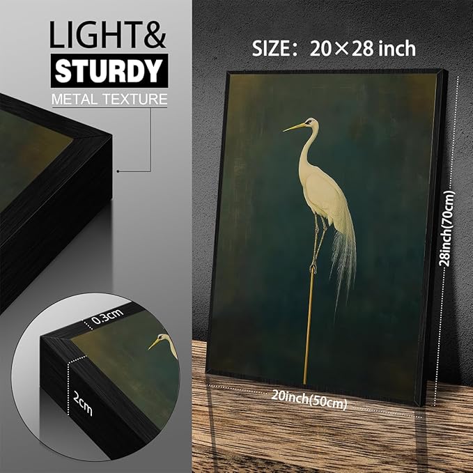 Black Framed Canvas Wall Art Posters Vintage Bird Prints Japanese Crane Retro Asian Bird Picture Abstract Maximalist Green Decor 20X28 inch for Bedroom Living Room Office Gallery