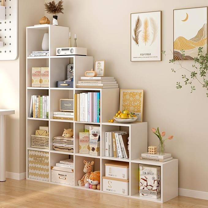 Ladder Cube Storage Bookcase - Wooden L-Shaped 5-Tier Corner Shelf, Reversible 15-Cube Organizer for Home & Office, White