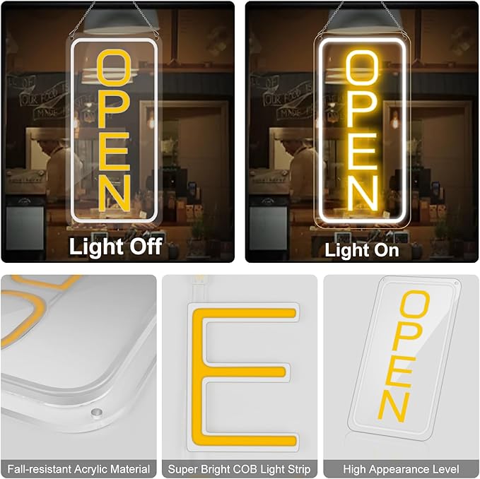 22.8"x 11.8" Ultra Bright 12V Neon Open Sign for Business, LED Open Neon Sign, Electric Light up Signs for Stores, Restaurants Offices Retail Shops Window (Yellow-White-Vertical)