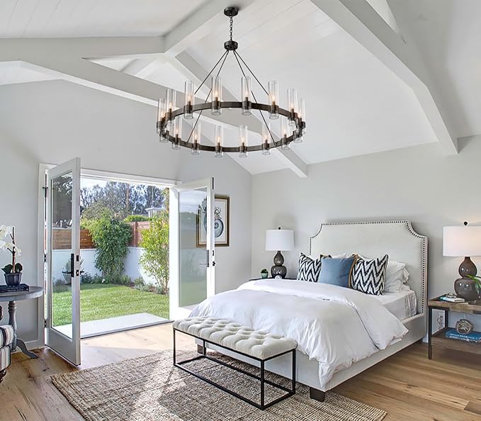 48 Inch Black Chandelier, Wagon Wheel Chandelier with Glass Shade, 16-Lights Large Round Modern Farmhouse High Ceiling Pendant Lighting Fixture for Dining Room, Living Room, Kitchen, Foyer