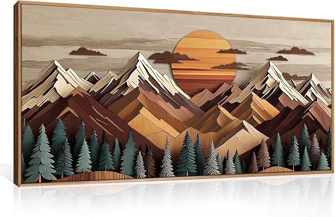 KAIRNE Mountain Framed Canvas Wall Art Set, Mountain Themed Wall Decor, Wooden Pine Tree Scene Wall Painting, Vintage Forest Landscape Art Prints for Living Room, Bedroom, Office 20"x40"