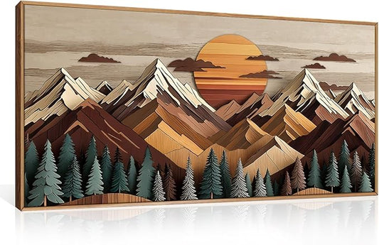 KAIRNE Mountain Framed Canvas Wall Art Set, Mountain Themed Wall Decor, Wooden Pine Tree Scene Wall Painting, Vintage Forest Landscape Art Prints for Living Room, Bedroom, Office 20"x40"