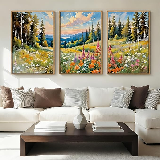 Anyzal Colorful Woodland Wall Art Large Floral Field Wall Decor 16x24 Inch Set of 3 for Living Room Bedroom Dining Room