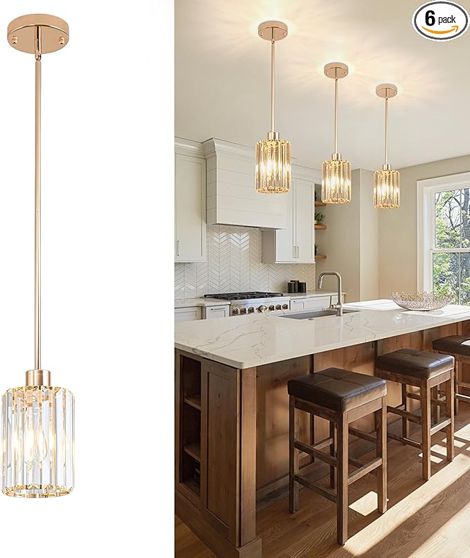 Modern Mini Crystal Pendant Lights Chandeliers Adjustable Sloped LED Hanging Ceiling Fixture Glass small Crystals for Kitchen Island Bathroom Dining Room Living Room, Hallway, Bar 1PC (Gold)