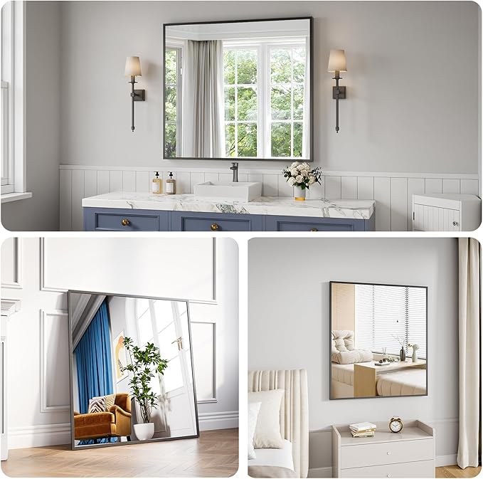Bathroom Mirror 36x40 Black Bathroom Wall-Mounted Mirrors, Modern Vanity Mirror for Bedroom, Living Room, Aluminum Alloy Frame Allow to Hang Horizontally or Vertically