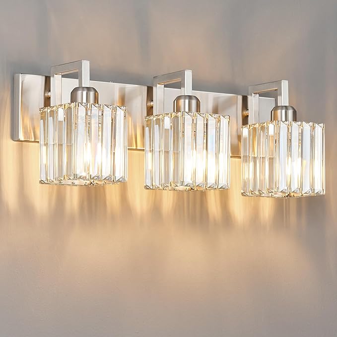 Modern Bathroom Vanity Light 3-Lights Brushed Nickel Vanity Light Crystal Wall Light Bathroom Light Fixtures