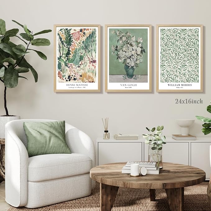 LLEEMPI Matisse William Morris Wall Art Set of 3, Sage Green Botanical Wall Decor, Abstract Van Gogh Flowers Canvas Prints, Vintage Florals Poster Print for Bedroom Bathroom Wood Framed 12x16 Inch
