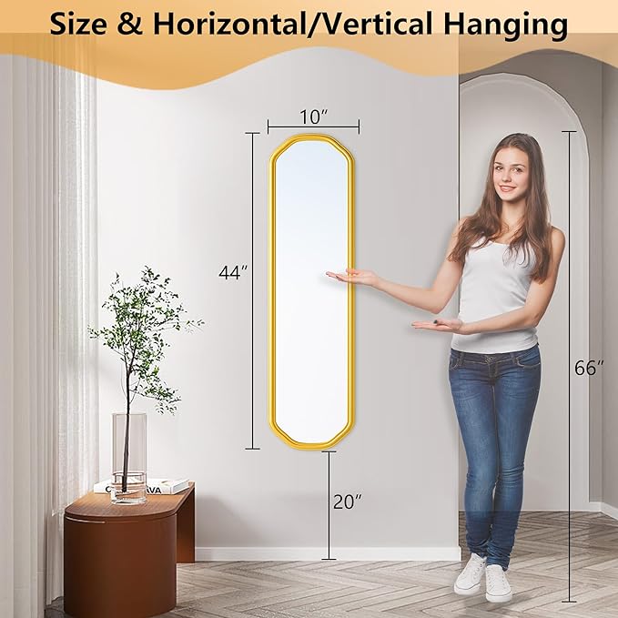 Modern Slim Wall Decor Mirror 10"x44" Gold - Skinny Wall Decor for Entryway, Bedroom, Nursery, Luxury Metal Frame with Anti-Shatter Glass