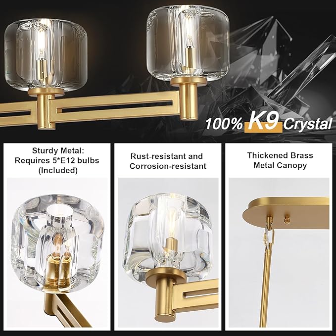 Modern Crystal Chandelier, 54" Large Gold Rectangle Chandeliers for Dining Room, 5-Light Kitchen Island Lighting, Light Fixtures Over Table,Pendant Lighting Fixture for Dining Room Bedroom