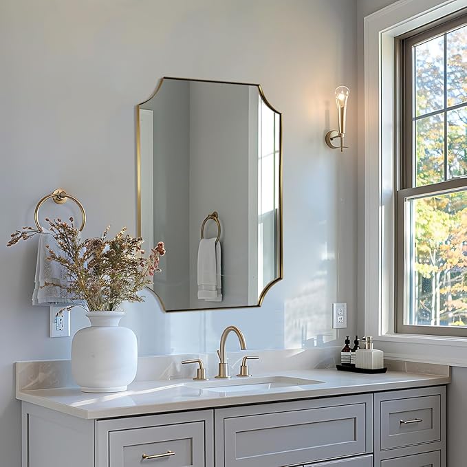 Brushed Brass Bathroom Mirror, 22x30 Inch Notched Corner Scalloped Rectangle Gold Bathroom Wall Mirror, in Anti-Rust Stainless Steel Metal Frame Hang Vertical/Horizontal for Home Decor