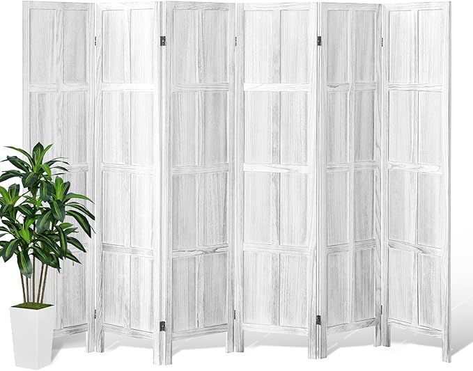 6 Panel Wood Room Divider Screen, 5.6 FT Folding Privacy Screen Room Divider, Partition Divider for Room Separation, Folding Wood Panel Wall Divider for Home Office Bathroom (Retro White)