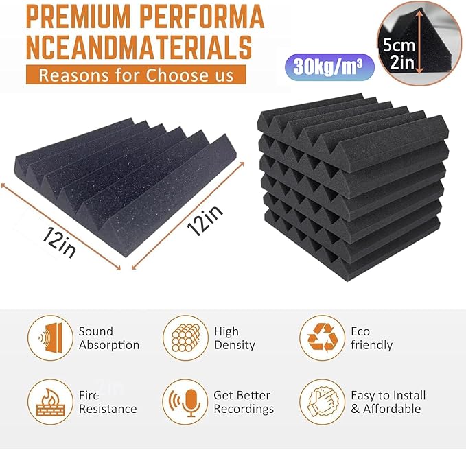 Acoustic Foam Panels 24 Pack 2" x 12"x 12" Saiqiang Soundproofing Wedges for Wall Noise Absorbing Soundproof Panels Black Sound-Damping Fire-Resistant for Studio, Office, Gaming Room