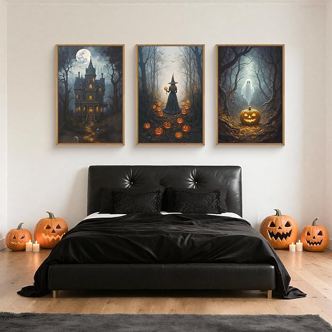 Ausril Halloween Moon Castle Framed Canvas Wall Art Set, Scary Dark Forest Witch Wall Decor, Cute Ghost Wall Painting, Pumpkin and Bats Art Prints for Gothic Party, living room, Club -24"x36"x3