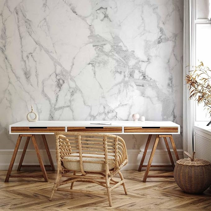 artgeist Wall Mural Marble 116x83 in - Peel and Stick Self-Adhesive Wallpaper Removable Large Sticker Foil Wall Decor Print Design Mural Stone Wall Abstract 3D Effect White Grey f-C-10044-a-a