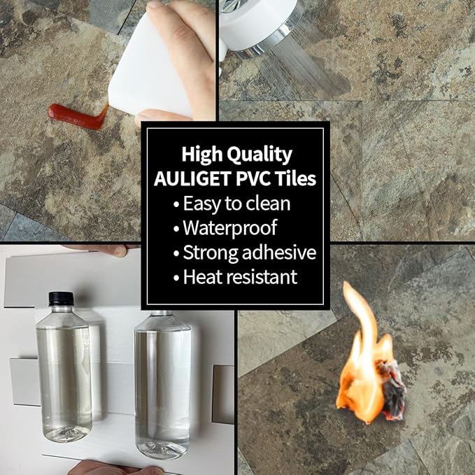 AULIGET 20-Piece Beige & Brown Slate Peel and Stick Backsplash Wall Tiles, 6" x 12" PVC Faux Stone Stick on Tiles Backsplash Kitchen