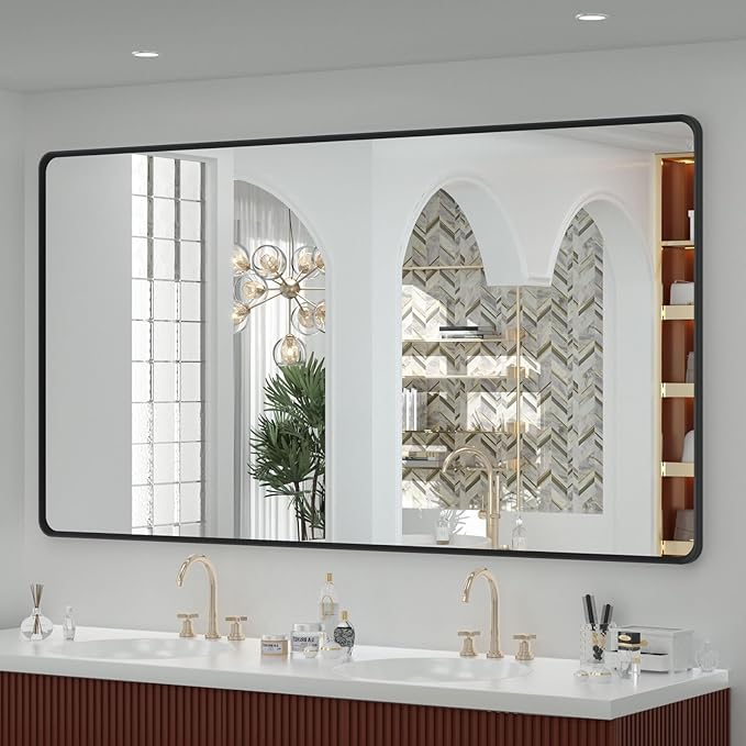 OKPAL 66X36 Inch Black Bathroom Mirror for Wall, Bathroom Vanity Frame Mirror, Matte Black Rectangle Mirror, Round Corner, Rustproof, Shatter-Proof (Horizontal/Vertical)