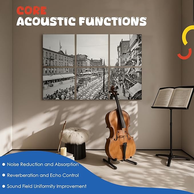 Acoustic Wall Panel 6 Pack, 23.6"x23.6"Decorative Art Soundproof Panel, Sound Absorb Self-Adhesive Panel, Acoustic Treatment for Studio, Home Theater, Office (Spectacle March 1900)