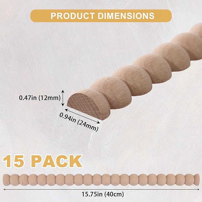 15-Pack 15.75" Unfinished Wood Beaded Trim - Easy to Paint, Cute Decorative Molding DIY Craft for Furniture Frame, Mirror Edge, Wall, Door, Closet, Dresser, Shelf