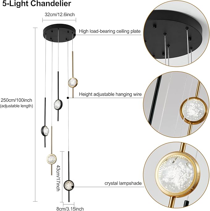Modern Crystal Bubble Pendant Lights Kitchen Island,Exclusive 2025 New Model, 3000-6000K Dimmable Gold and Black Chandeliers for Dining Room, Kitchen, Living Room, Bedroom, Office (15W)