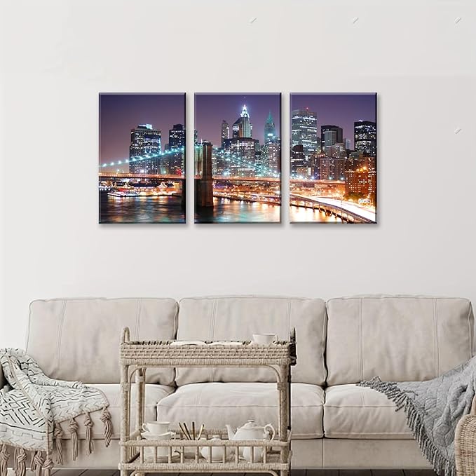NAN Wind 3Pcs New York City Skyline Canvas Wall Art Brooklyn Bridge Night View Framed Wall Decor Blue Purple Manhattan Urban Cityscape Picture Canvas Artwork Modern Home Decor Living Room Office