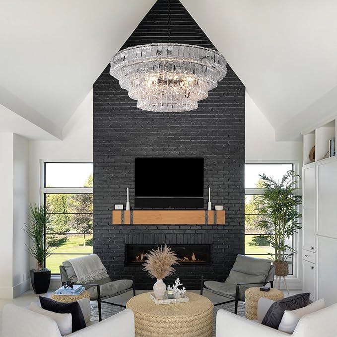 Clear Glass 36 inch Round Chandelier for Dining Room, Modern Drum Black Pendant Light Fixture with Crystal Glass Bubbles, Large Ceiling Light