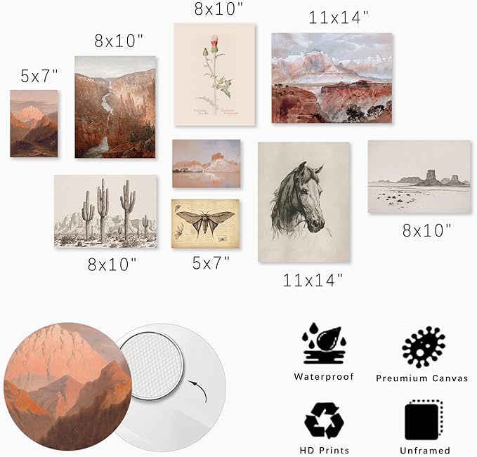 KBKBART Vintage Southwestern Wall Art, 9 PCS Farmhouse Southwest Wall Decor, American Rustic Arizona Wall Art, Boho Ranch Desert Western Poster Pictures, Southwest Art Prints for Western Bedroom,