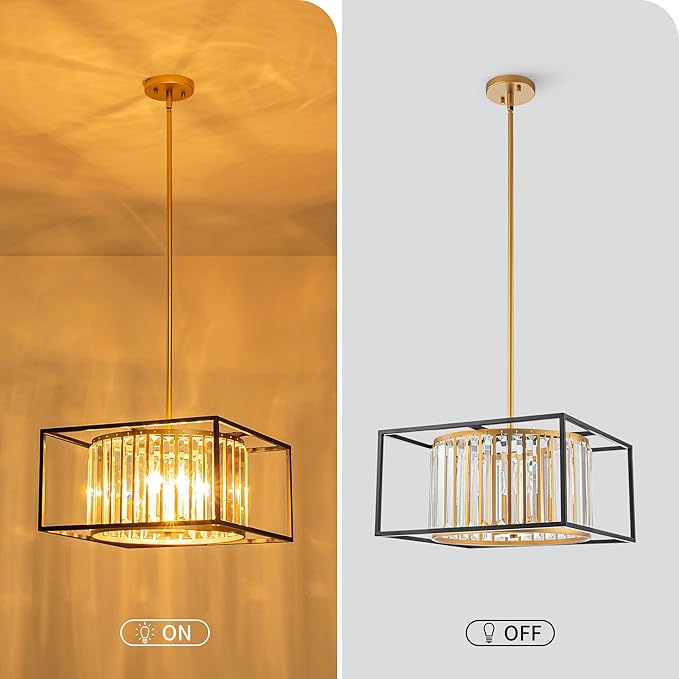 5-Lights K9 Crystal Chandelier, Modern Style Pendant Light Fixture for Dining Room, Bedroom & Living Room, Gold & Black Finish, L16.5 * W16.5 * H12~48 inch (Adjustable Height)