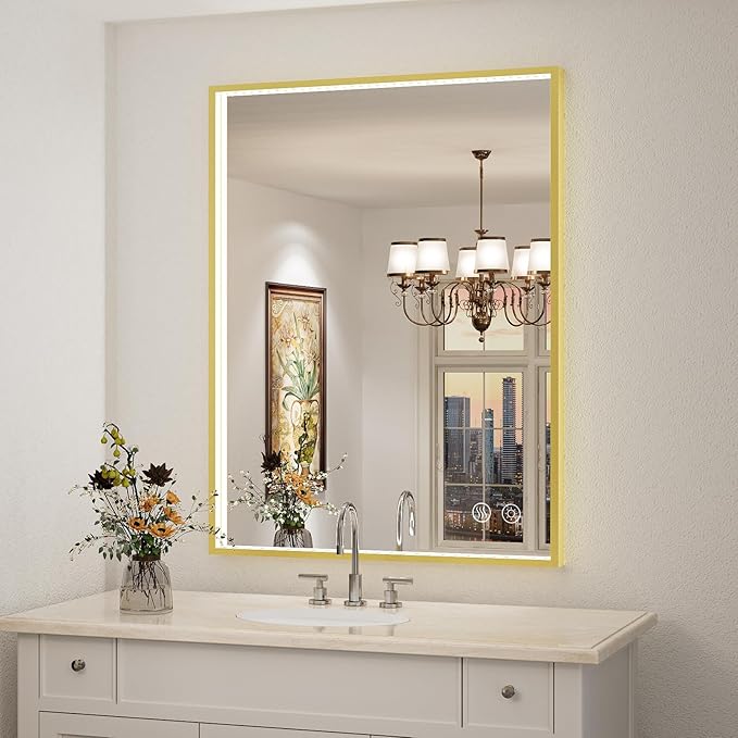 36x28 Inch LED Bathroom Mirror with Light,Gold Metal Frame Lighted Vanity Mirror, Anti Fog Design&Dimmable&Touch Switch