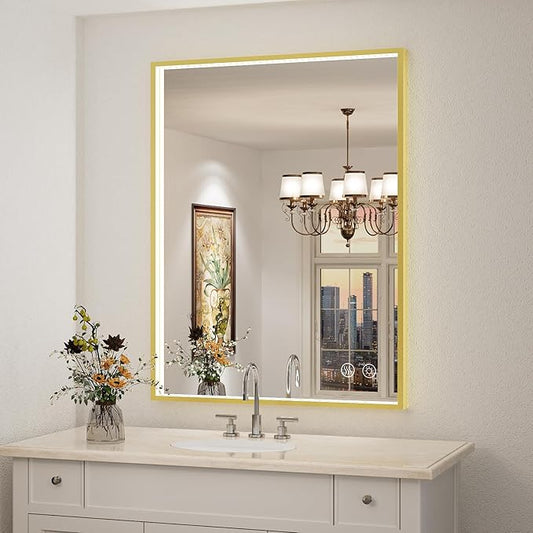 36x28 Inch LED Bathroom Mirror with Light,Gold Metal Frame Lighted Vanity Mirror, Anti Fog Design&Dimmable&Touch Switch