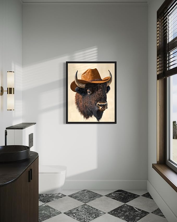 Bison Cowboy Art Print Poster Wall Art, Western Country Farmhouse Wild West for Bedroom, Bathroom, Living Room Art Decor 58 (Bison, 11 x 14 inches, Black Frame)