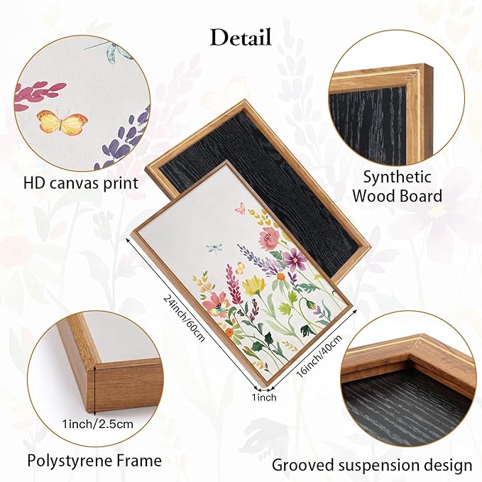 CHDITB Framed Canvas Wall Art Set, Nature Butterfly Flower Wall Decor, Floral Poster,Botanical Artwork Wildflower Painting, Abstract Green and Pink Art Prints for Young Lady Girl Room 16"x24"x3