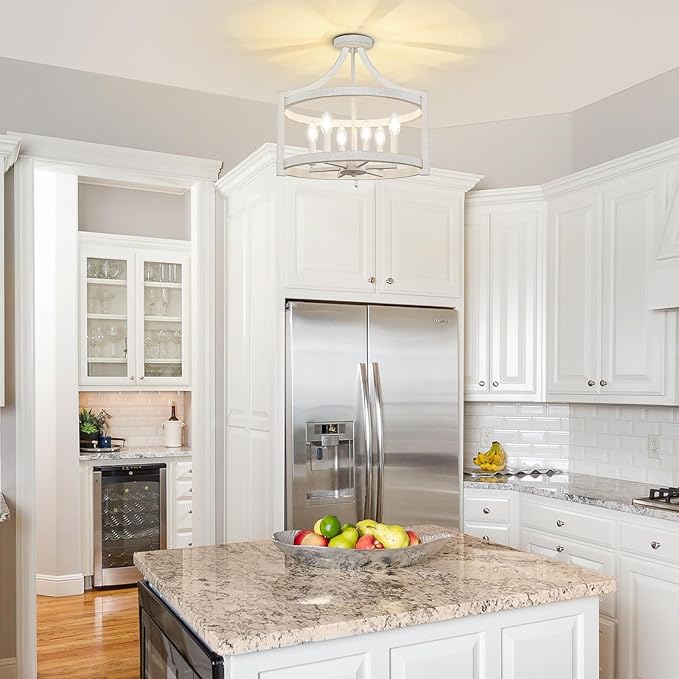 6-Light Farmhouse Chandelier, Distressed Hanging Pendant Lighting, Convertible Semi Flush Mount Ceiling Light Fixture Vintage White Metal Chandeliers for Dining Room Kitchen Foyer Entryway