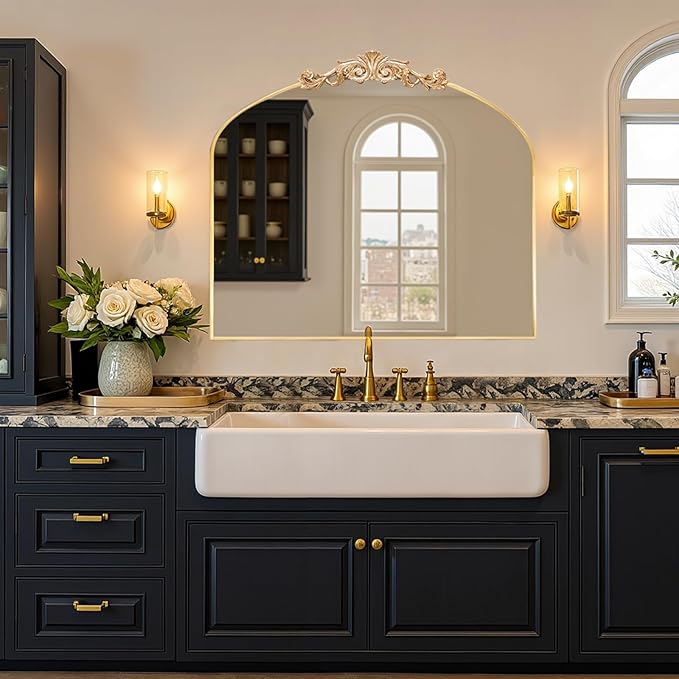 MISSDAY Vintage Arched Baroque Mirror for Wall, 36"X30" Antique Wall Mirror with Elegant Carving Top, Full Metal Frame Wall-Mounted Mirror for Bathroom, Living Room, Fireplace, Entryway, Hallway, Gold