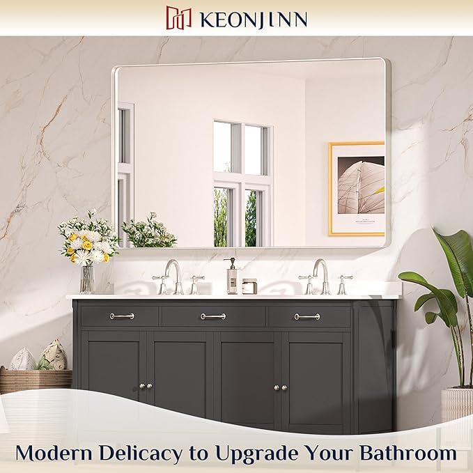 Keonjinn 55 x 36 Brushed Nickel Bathroom Mirrors for Over Sink, Large Rounded Rectangle Bathroom Vanity Mirror, Modern Decorative Silver Mirror, HD Tempered Glass Wall Mirror(Horizontal/Vertical)