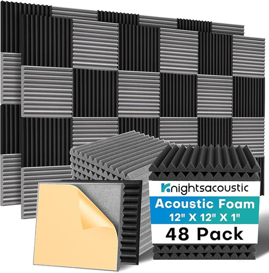 48 Pack Sound Proof Foam Panels for Walls with Self Adhesive, 12x12x1 Acoustic Foam Panels, High Density Acoustic Panels Sound Absorbing, Fire Resistant Studio Sound Proofing Black