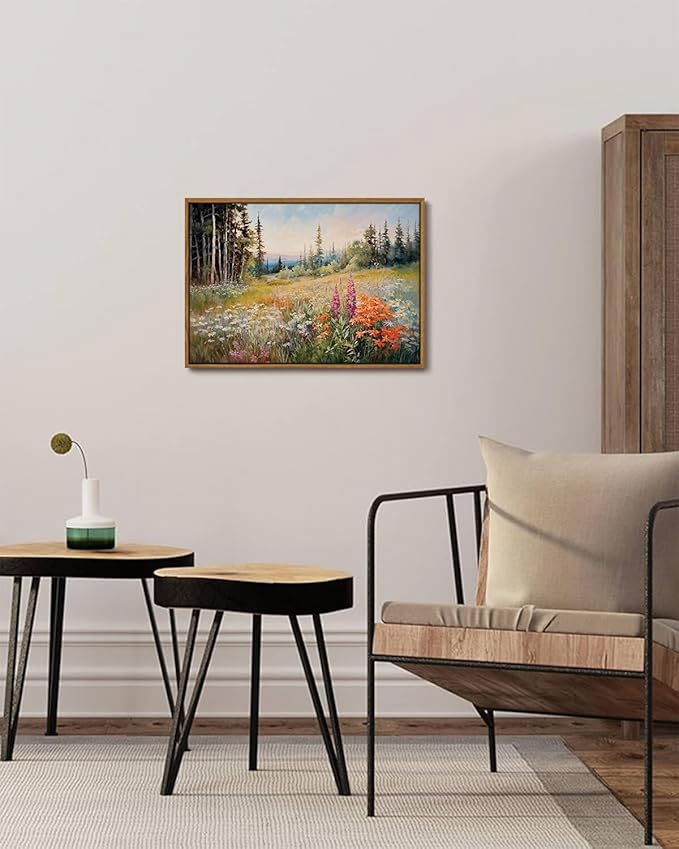KISSFOX Vintage Framed Wall Art Mountain Meadow Wildflower Landscape Colorful Canvas Art Nature Serene Countryside Paintings Artwork Farmhouse Rustic Art Prints For Bedroom Bathroom Living Room