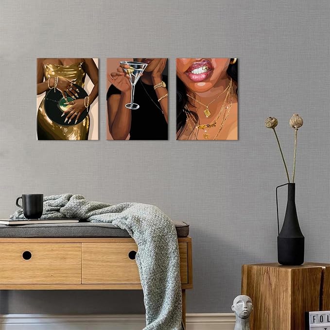 Black Girl Wall Art Fashion American African Women Canvas Pictures for Bedroom Retro Trendy Cocktail Gold Jewelry Posters Girly Prints Modern Artwork Living Room Bathroom Home Decorations 12x16" 3Pcs
