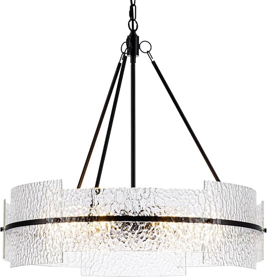 MAYNA Modern Dining Room Chandelier 25.6” Black Textured Glass Chandelier Luxury Drum Crystal Light Fixture Farmhouse Round Hanging Lighting for Dining Room Kitchen Island Living Room Hallway Bedroom