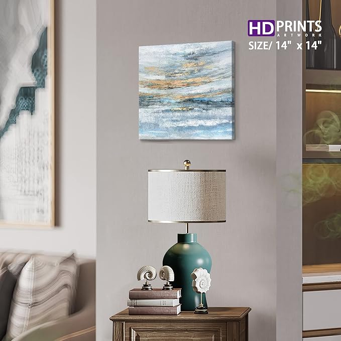 Nicetop Bathroom Wall Art Abstract Canvas Art Print Modern Blue Ocean Picture Small Coastal Sunset & Sunrise Artwork for Sea Lake Themed Home Bedroom Décor 13.3x13.3inch