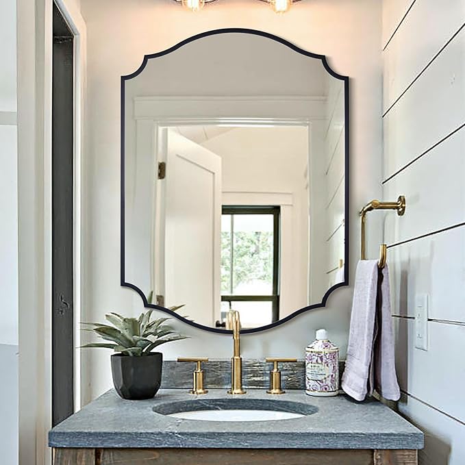 Chende Black Decorative Mirror, 32'' X 24'' Bathroom Mirror for Vanity Sink with Elegant Metal Frame, Modern Scalloped Mirror for Living Room, Mantel, Entryway, Dining Room