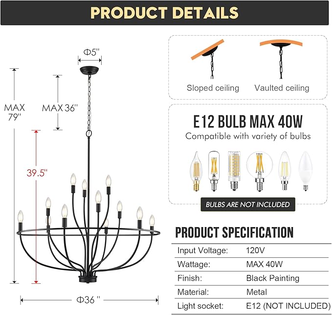 Black Chandelier 12 Light, Hallway Chandelier for Entryway High Ceiling Foyer Candle Chandeliers 36in Modern Farmhouse Light Fixture Chandeliers for Dining Room Master Bedroom Living Room