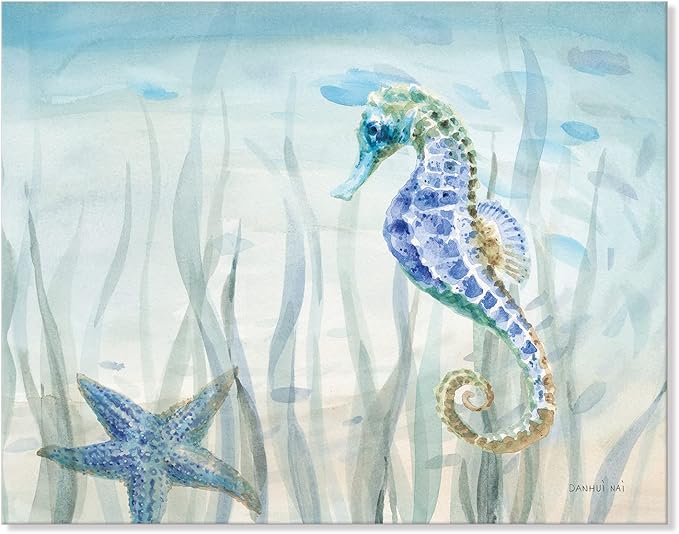 Ocean Wall Art Sea Life Wall Decor Costal Watercolor Seahorse Painting Blue Ocean Animal Pictures Starfish Canvas Artwork for Bathroom Bedroom Home Decoration 16x12Inch